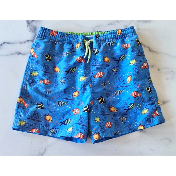 Maamgic Kids Swim Shorts 7 Blue Fish Print Drawstring Elastic Waist Beach Trunks - Picture 1 of 6